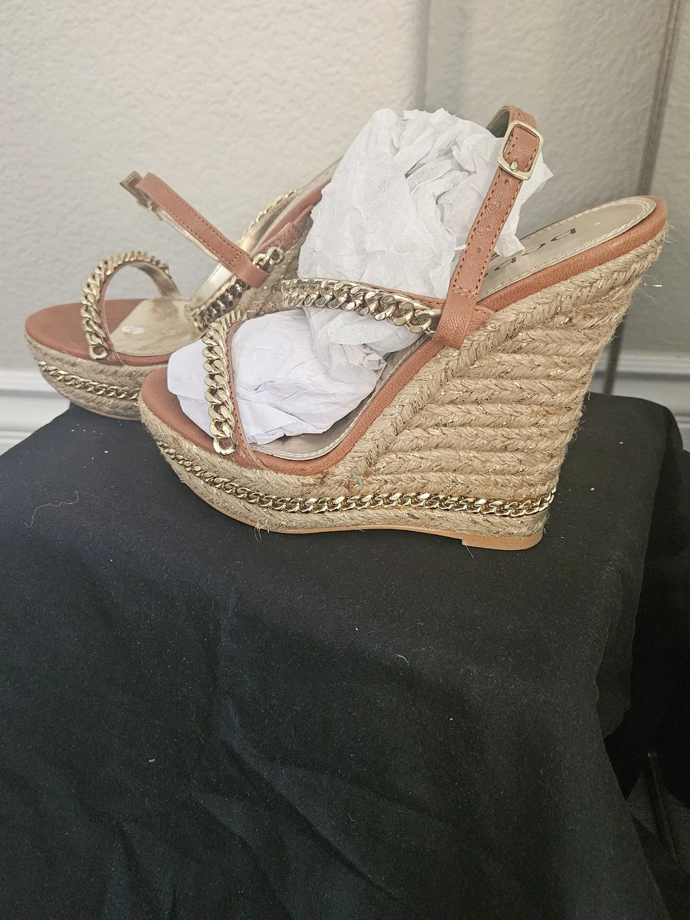 bebe Brown Wedge Sandals with Gold Chain Detail